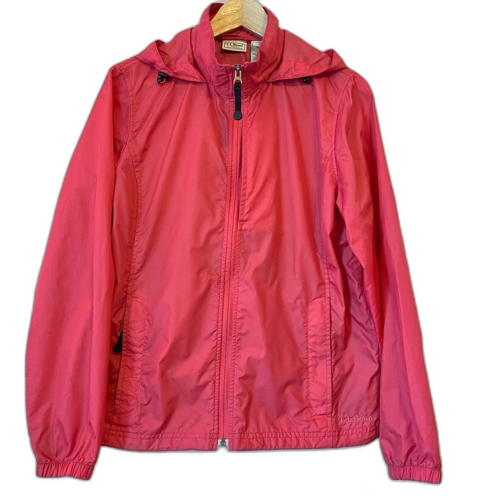 LL Bean Full Zip Windbreaker Rain Jacket Packable Hood Pink Small Outdoor Travel